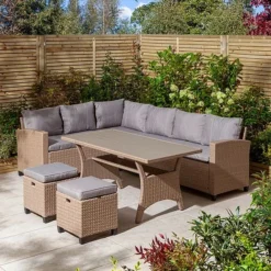Rowlinson Garden Deluxe Rattan Corner Sofa Dining Set 8 Seat Oatmeal -Garden Central Sales Store AlbanyCornerset Wheat 01