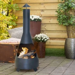 Idooka Garden Chiminea Outdoor Fire Pit Patio Heater Black Metal Log Burner Chimney