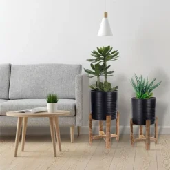 Idooka Metal Barrel Plant Pot Pair With Wooden Stands -Garden Central Sales Store FZ30005 PLANTERS.Black .Lifestyle