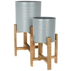 Idooka Metal Barrel Plant Pot Pair With Wooden Stands -Garden Central Sales Store FZ30005 PLANTERS.Grey .Main