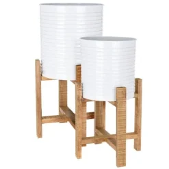 Idooka Metal Barrel Plant Pot Pair With Wooden Stands -Garden Central Sales Store FZ30005 PLANTERS.White .Main