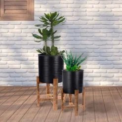 Idooka Metal Barrel Plant Pot Pair With Wooden Stands