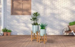 Idooka Metal Barrel Plant Pot Pair With Wooden Stands -Garden Central Sales Store FZ3000520 grey