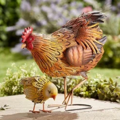 Garden Gear Set Of 2 Hand-Painted Mother Hen And Chick Garden Ornaments