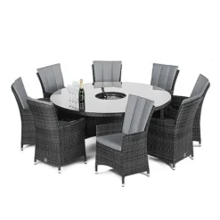Maze Rattan LA Garden Dining Set Round With Ice Bucket 8 Seat -Garden Central Sales Store LA 8 Seat Round Ice Bucket grey flat weave white out 1SQ