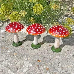 Set Of 3 Red Cap Garden Mushroom Ornaments