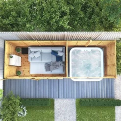 Waltons 18 X 6 Maine Pent Wooden Garden Summerhouse With Patio Area Shiplap Tongue And Groove -Garden Central Sales Store SI 003 001 0091 Summerhouse DT Shiplap Pent 18x6 Patio Area M1 Aerial