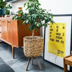 Water Hyacinth Lined Basket On Legs H45Cm D30Cm -Garden Central Sales Store WHBL30 2